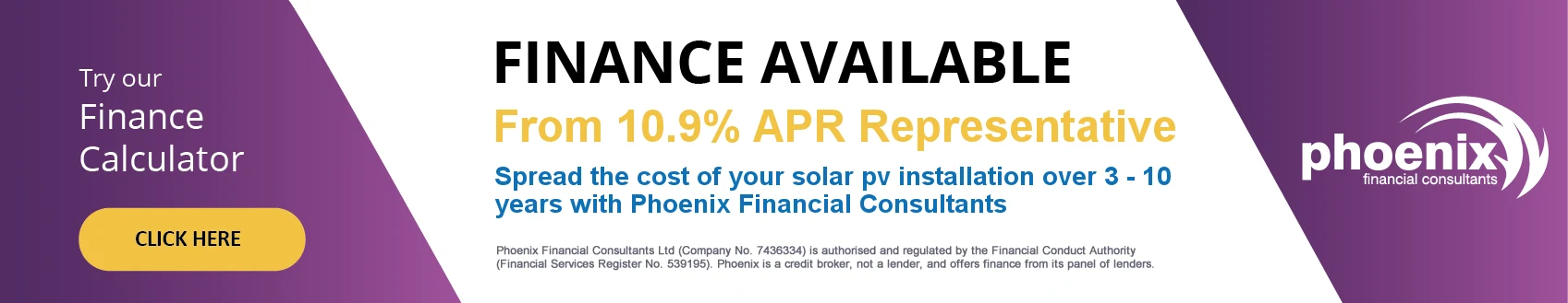 Finance available from 10.9% APR Representative — spread the cost of your solar PV installation over 3–10 years with Phoenix Financial Consultants